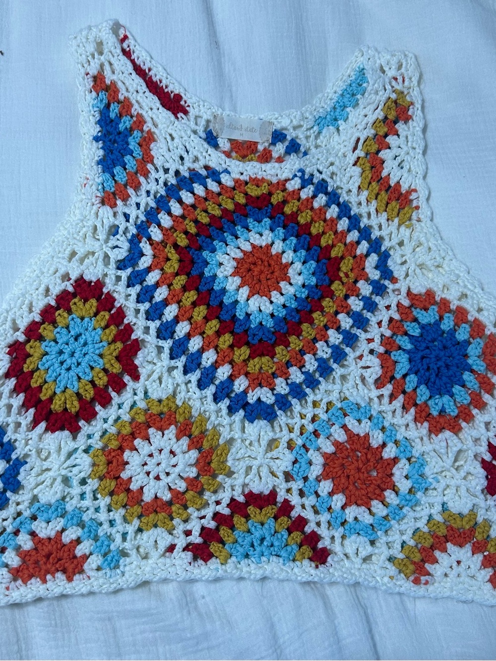 Altar'd State Cream Crochet Tank with Blue, Red, Orange & Mustard Accents